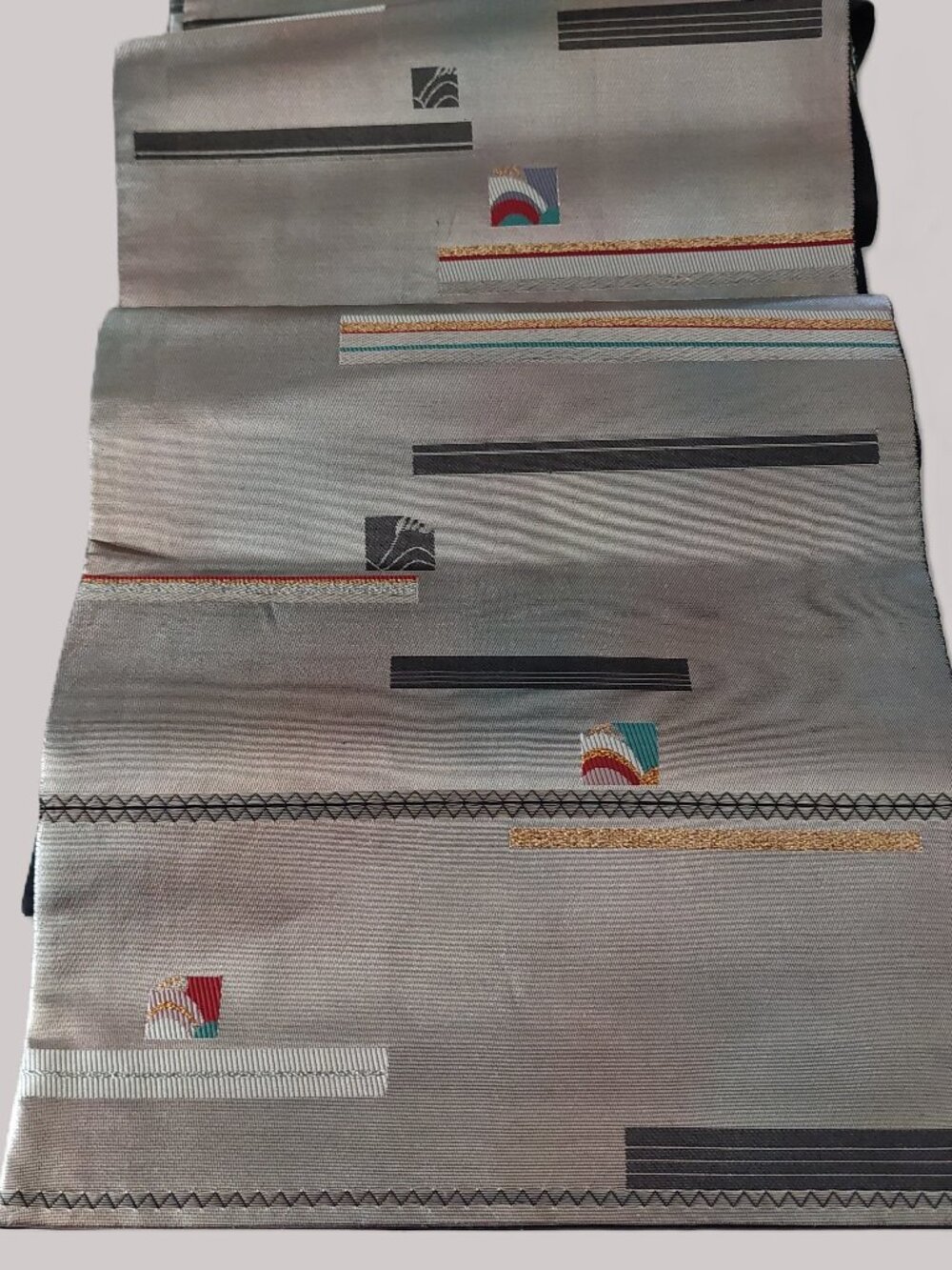 Vintage 70s Fukoro Obi Silver Gold Thread Geometric Modernist Table Runner